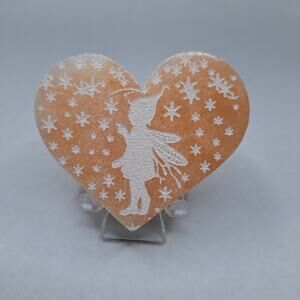 Peach Selenite Heart with Fairy and Stars Carving, 47G
